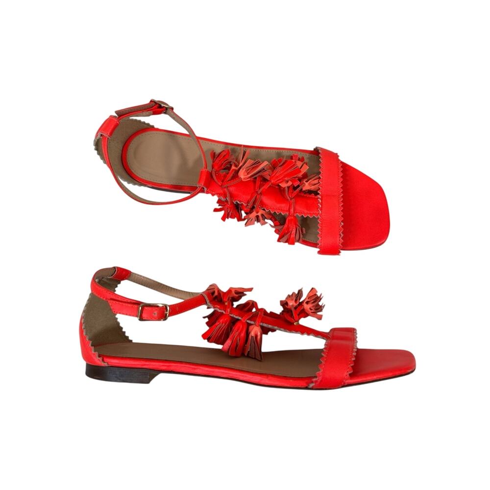 J Crew Bright Orange Leather Tassel Sandals Womens 9 Beachy Summer Vacation Flat